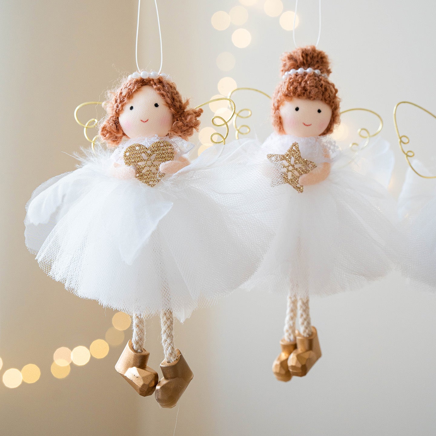 Christmas White Tulle Skirt Golden Wings Angel Girl Pendant